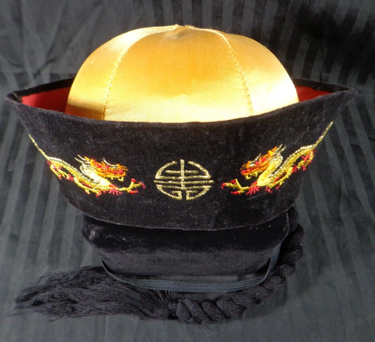 PONY Cappello imperatore cinese vintage anni 60 intrecciato coda di cavallo e drago raro non costume