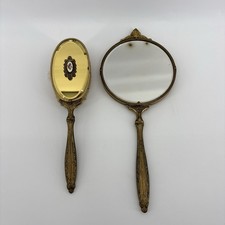 ANTIQUE VTG. LARGE BRASS HAIR BRUSH W/ HAND MIRROR FROM THE 1950'S-1960'S