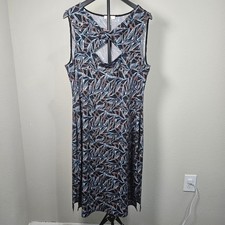 Halston Midi Dress Women L Black Blue Orange Leaf Print Twist Keyhole Coastal