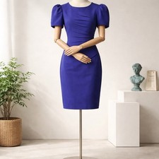 Calvin Klein Blue Pleated Sheath Sleeveless Crew Neck Zip Knee Dress