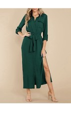 Wenrine Womens Button Down Shirt Dress Casual Chiffon 3/4 Lenght Green Slit