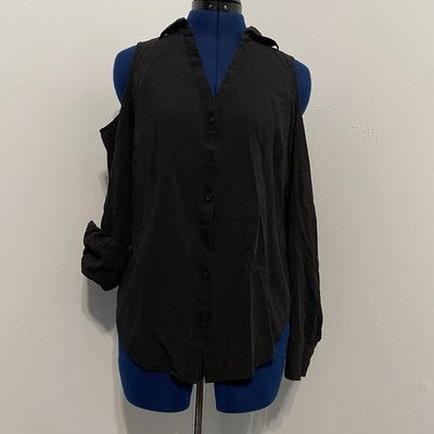 New York & Company Charcoal Cold Shoulder Button Up Shirt Size M