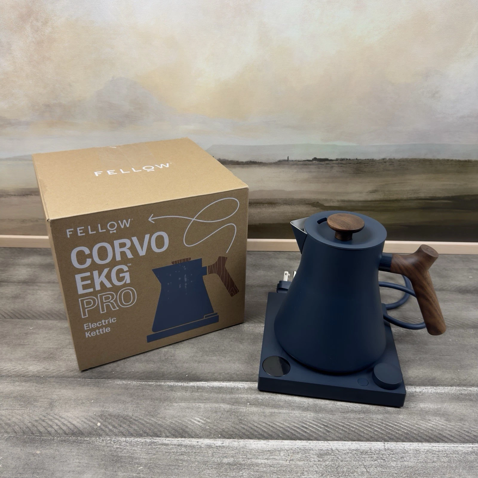Williams Sonoma Fellow Corvo EKG Pro Electric Kettle Stone Blue Walnut Handle