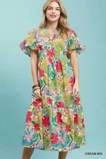Women’s Tropical Floral Midi Dress Ruffle Sleeves Tiered Pockets Cotton