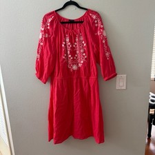 Talbots Cotton Gauze Coral Embroidered Dress Womens XL 3/4 Sleeves