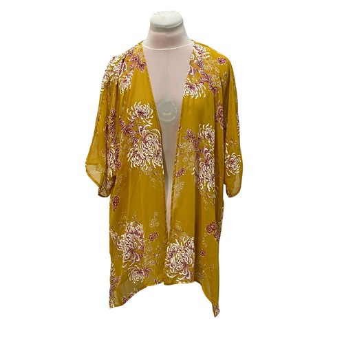 143 STORY Mustard Pink Floral Short Sleeve Kimono SMALL Chiffon Sheer Cover Up 