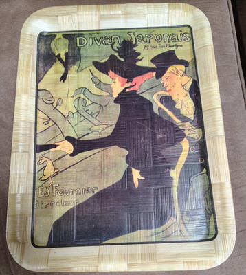 Vintage MCM Toulouse Lautrec Pressed Woven Bamboo Tray Divan Japonais Art 1970s