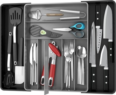 Simple Houseware Expandable Kitchen Drawer Flatware Organizer, Black/Gray