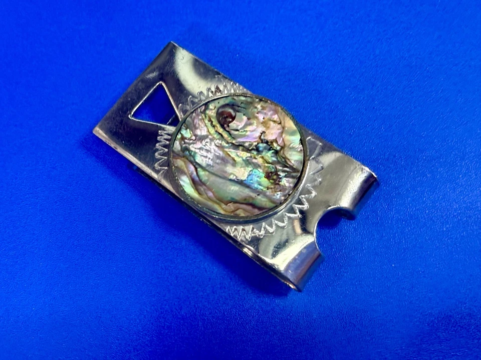 Round Abalone Shell Mother of Pearl Vintage Signed Mexico Money Clip - Image 4 of 4