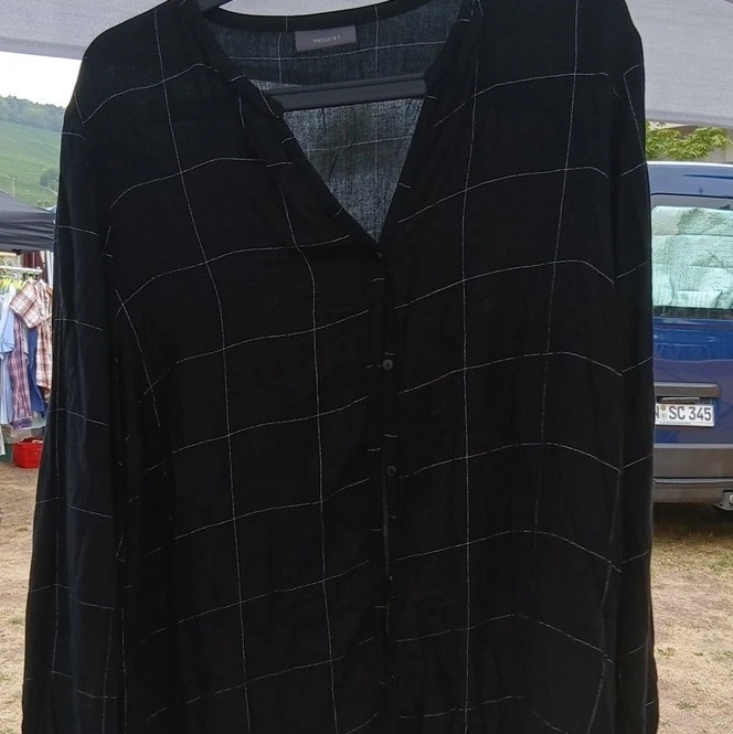 Damen Bluse Gr. 44 schwarz kariert Basic Langarm V-Ausschnitt Knopf - Bild 1 von 1