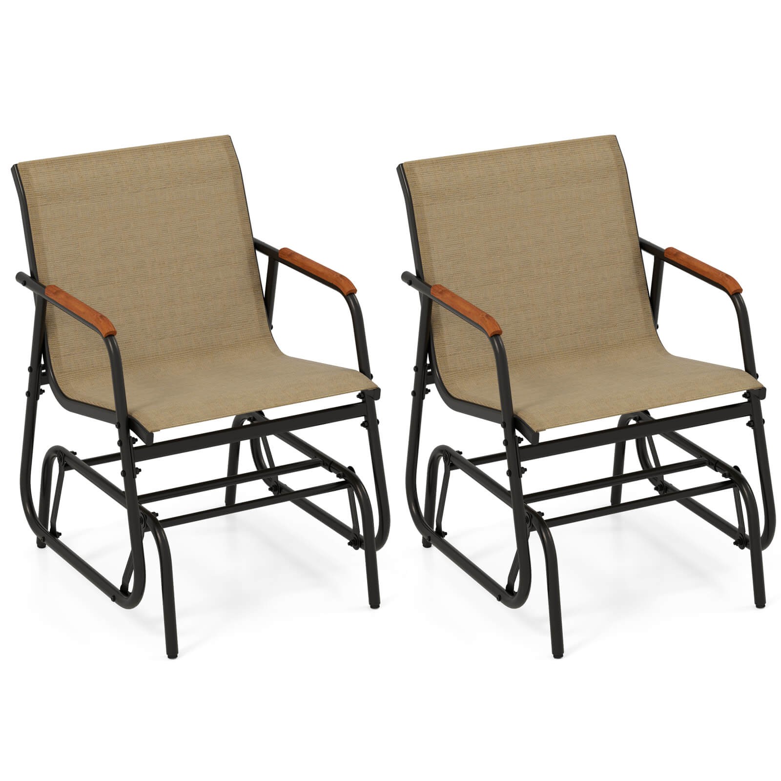 Set Of 2 W/ Curved Teak Armrests & Breathable Fabric Seat
