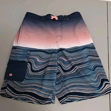 Wonder Nation Boys L 10-12 Blue Pink White Striped Swim Shorts Lined Polyester