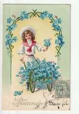 Carte FANTAISIE - Old Postcard - Fleurs - Enfant - Brouette de Myosotis