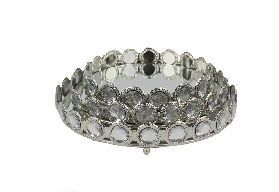 Deko Spiegeltablett Runder Spiegel Kronenrand Strassseine Tischspiegel Silber - Bild 2 von 4