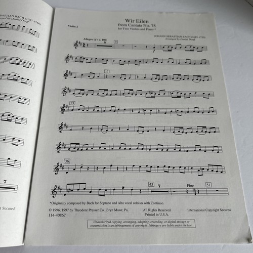Sheet Music: J.S. BACH Wir Eilen from Cantata #8 Two Violins and Piano by D Dorf - Picture 3 of 4