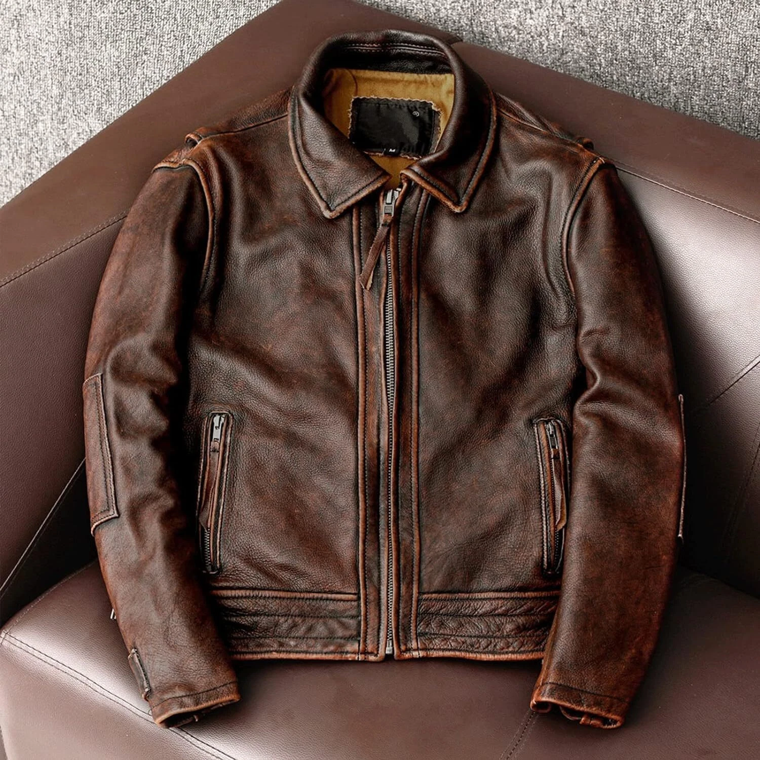 Men's Vintage Motorcycle Biker Café Racer Distressed Brown Real Leather Jacket