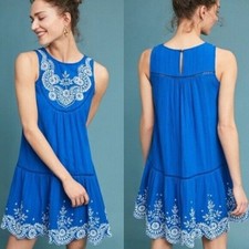 Anthropologie Meadow Rue Blue Boho Hippie Dress SIZE 2 embroidered scallop hem