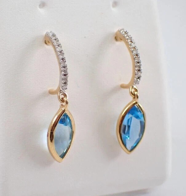 Marquise Cut Simulated Blue Topaz Drop/Dangle Earrings 14K Yellow Gold Plated
