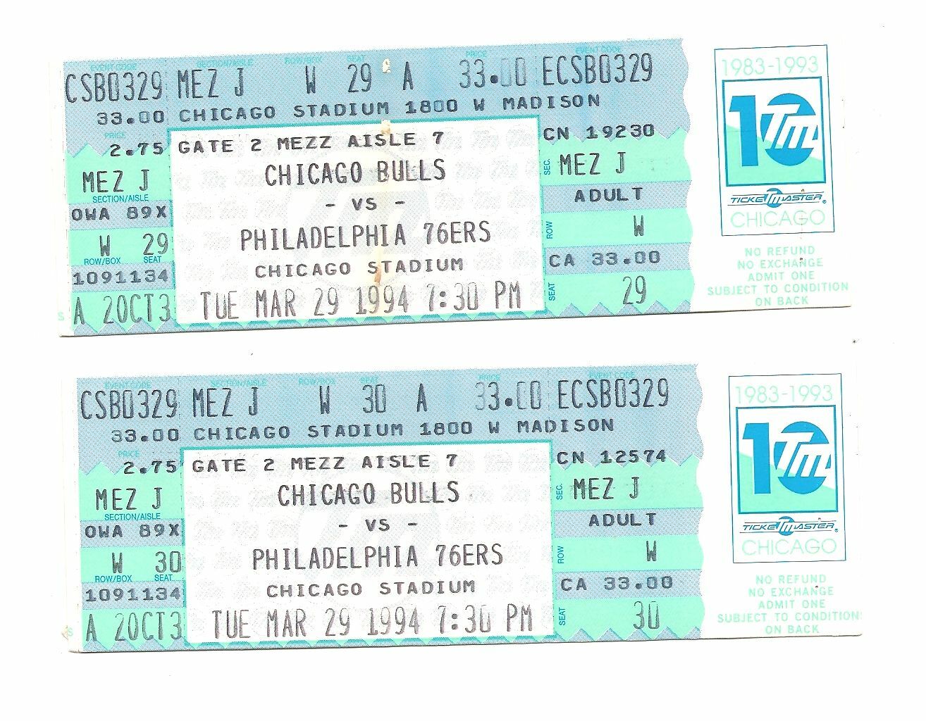 Chicago Bulls vs Philadelphia 76ers Unused Basketball Tickets March 29, 1994