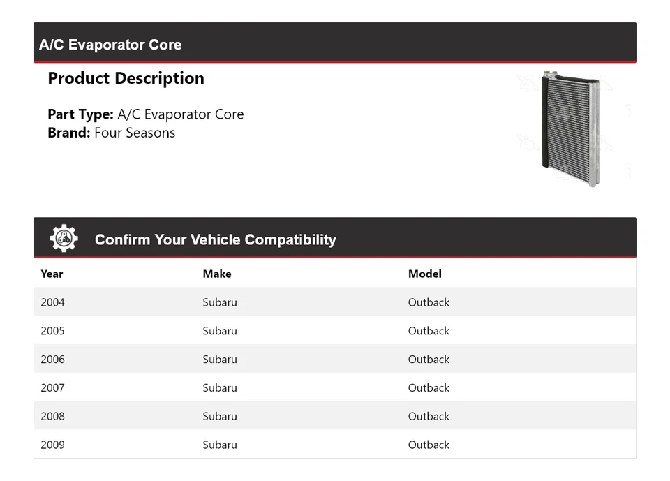 Núcleo evaporador aire acondicionado Subaru Outback 2004-2009 4 estaciones 2005 2006 2007 2008 Foto 2 de 4