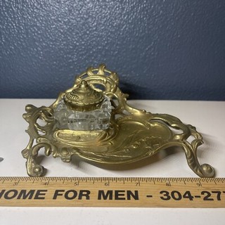 Vintage Lenwile Ardalt Brass Inkwell Stand & Glass Inkwell And Brass Lid Taiwan