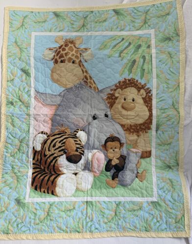 Handmade Baby Quilt Jungle Animals 33x44 Play Mat Crib Blanket Yellow Trim