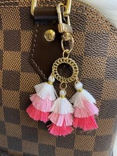 Tassel Bag Charm Keychain Key Fob Car Charm Pink Beige Pom Pom Charm Gold