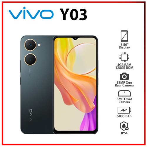 (Nowy i odblokowany) VIVO Y03 4GB + 128GB CZARNY Dual SIM Octa Core Android Telefon komórkowy - Zdjęcie 1 z 5