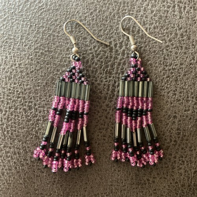 #ad #ad Handmade Native American Sioux Beaded Dangle Drop Earrings Pink Black Silver USA $25.00