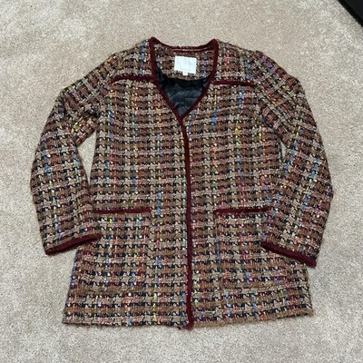 Ett Twa Anthropologie Jacket Womens Medium Multicolor Tweed Open Front Plaid