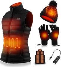 3 Pcs Women Heated Vest Hat and Gloves Set, Electric Rechargeable Warmer Beanie 