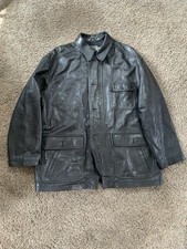Vintage Calvin Klein Leather Jacket Long Mens XL Black Full Zip