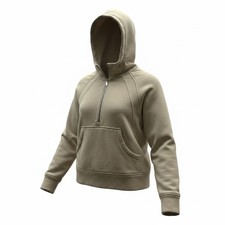 Women's Beige Fleece 1/2 Zip Hoodie M Cotton Polyester Hooded Pockets