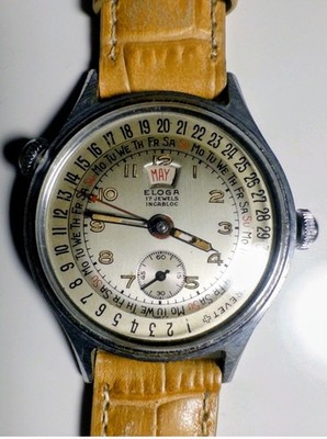 Vintage Eloga Triple Date '' date o graph'' Pointer 37mm Steel Back Metal Case