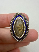 Georgian 10k Rose Gold Blue Enamel Peacock Pearls Mourning Pendant Hair