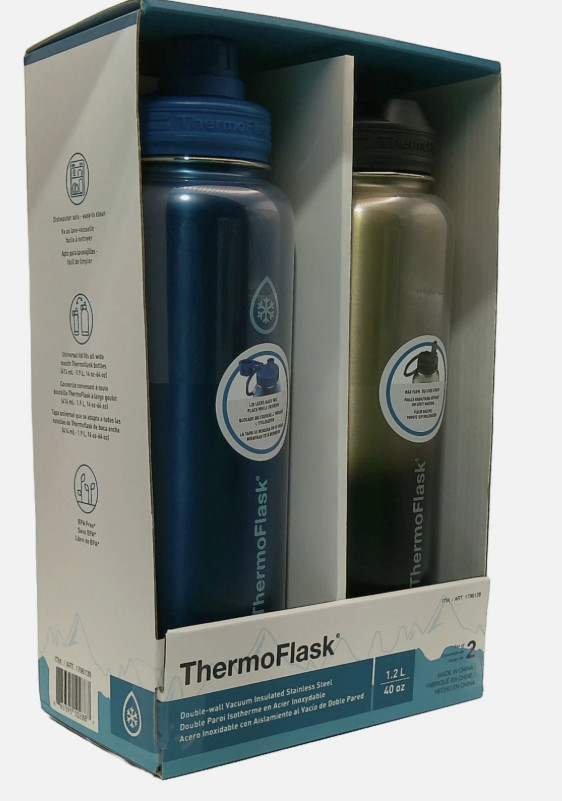 ThermoFlask Stainless Steel 2-Pack  Water Bottle, 40 oz Purple/Green ,Blue/Bruse