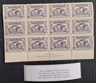 1931 Australia Ash Imp Blk 12X6d Violet Kingsford Smith Flight stamps Mint $310