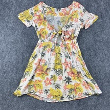 Free People Dress Womens 2 White Yellow Floral Tie Front Boho Short Sleeve Mini