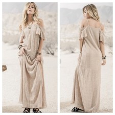 NWT ANTHROPOLOGIE Beige Flutter Sleeve Ribbed Maxi Dress Medium Boho Festival