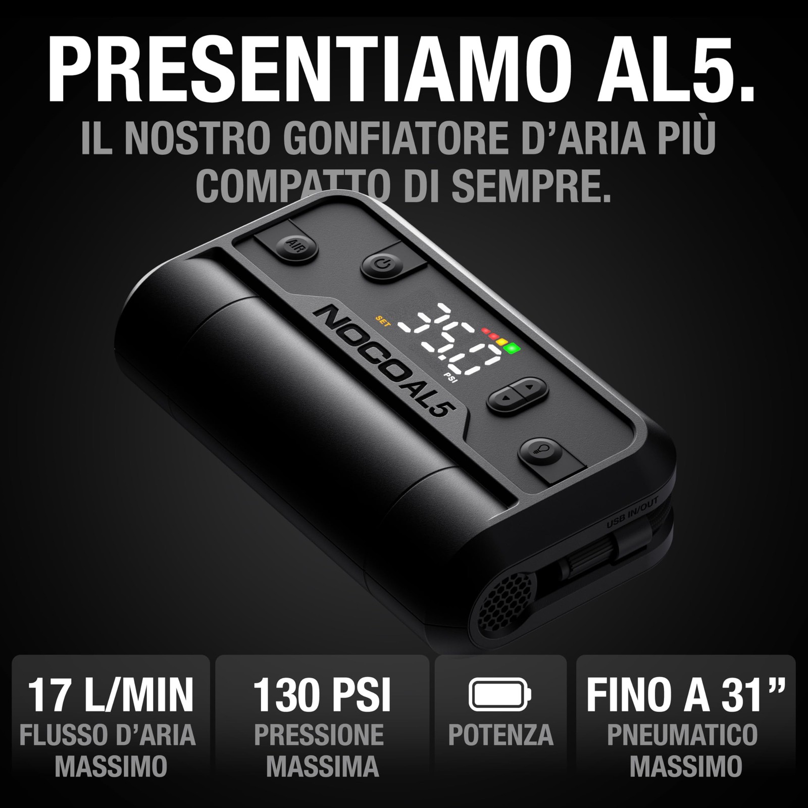 Air Al5 Gonfiatore per Pneumatici Senza Fili da 5A Compressore D’aria Portatile - Miniatura 2