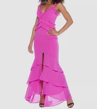 B Darlin Women's Juniors' Pink Ruffle V-Neck Front-Slit Gown Dress Size 5/6