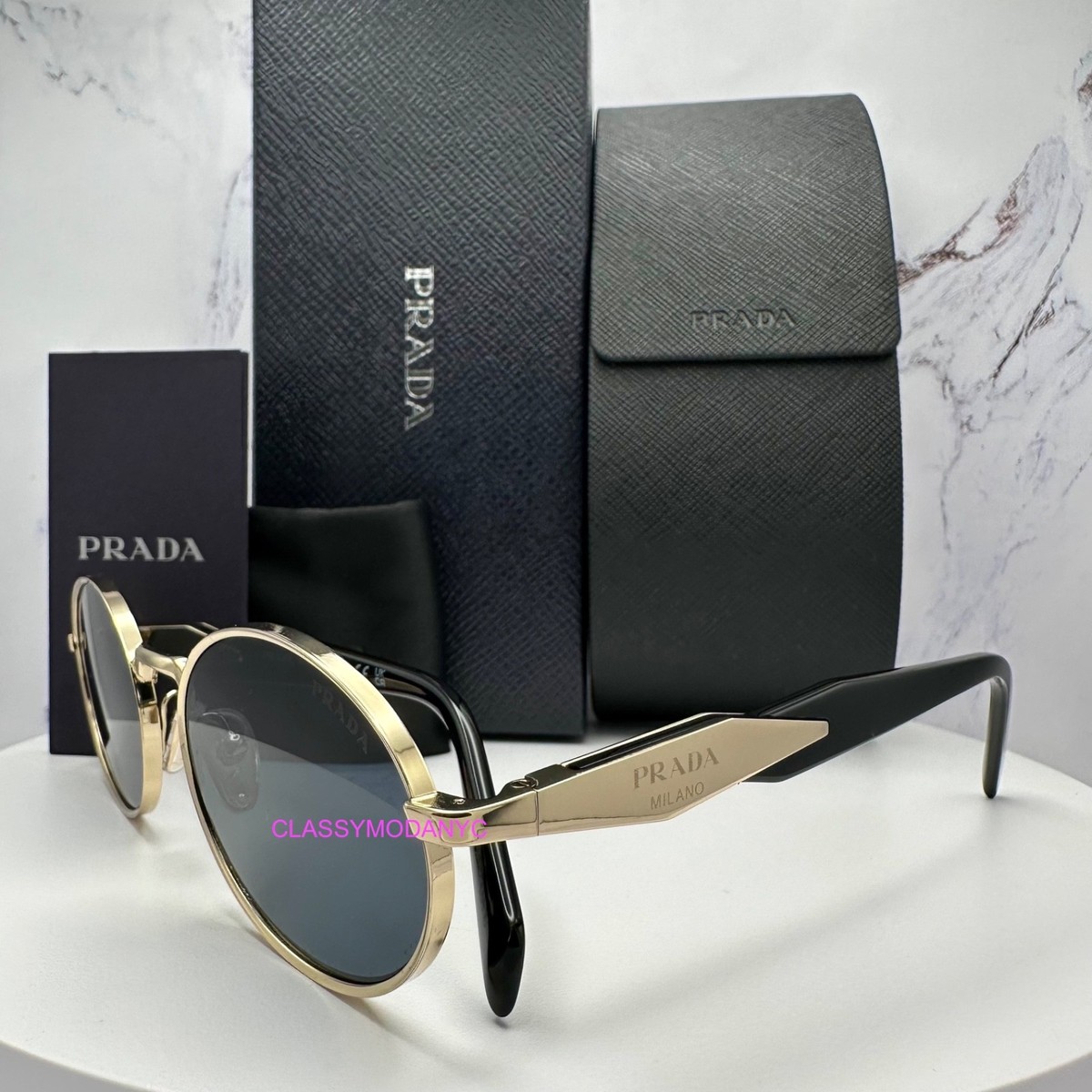 New PRADA PR65ZS ZVN09T Gold Metal Oval Black Symbole Sunglasses w