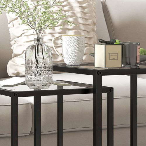 Nesting Tables Set of 2, Side End Table with Tempered Glass Top, Black - Picture 8 of 11