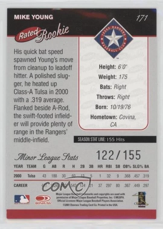 2001 Donruss Rated Rookie Stat Line Season /155 Michael Young #171 - Image 2 of 2