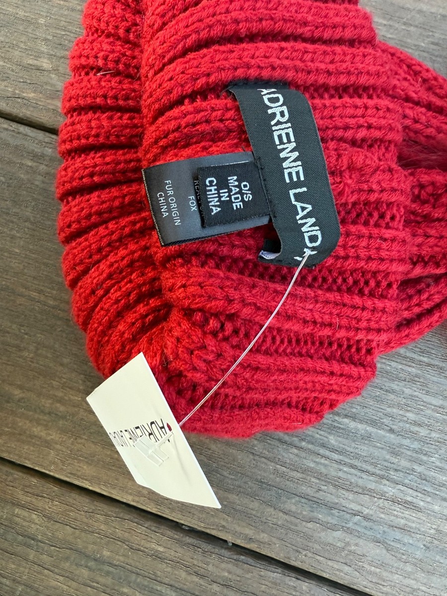 NEW ADRIENNE LANDAU RED Knitted Beanie Hat with real FOX fur  display picture 2