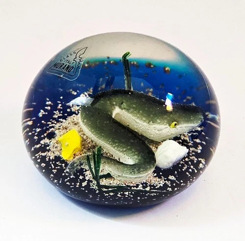 Vintage Murano Art Glass Aquarium Paperweight Eel Fish Water Scene Italy Label