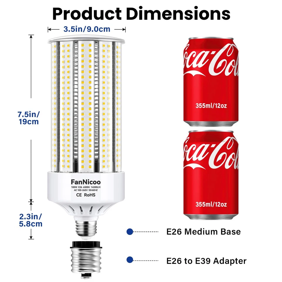 2 Pack 1200W Equivalent 100W LED Corn Bulbs 14500 Lumen 6500K Daylight White ... - Image 2 of 4