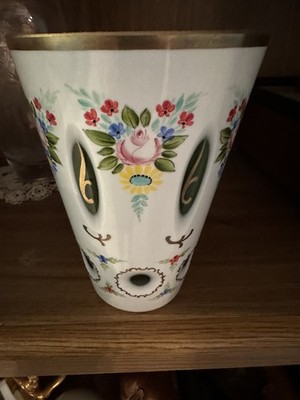 Vintage Bohemian Crystal Vase White, red,  pink w Brass Rim Czech 6'' X 4.5''
