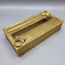 Vtg Tissue Box Cover Ornate Filigree Floral Wreath Gold Tone Hollywood Regency