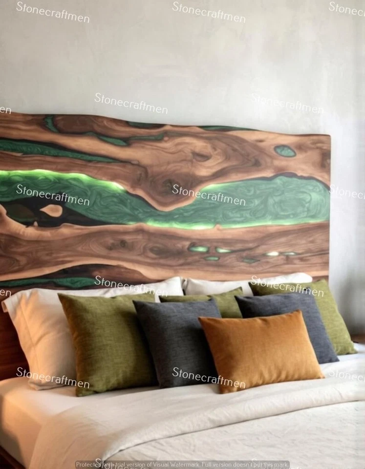 Live Edge Walnut Headboard | Green Epoxy, LED Backlit Bedroom Decor - Image 2 of 4